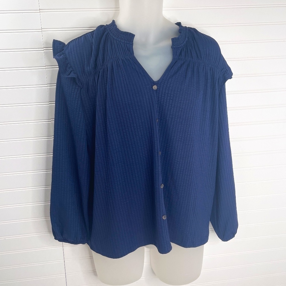 NWT Kaileigh Lev Ruffle Detail Knit Top Navy Large